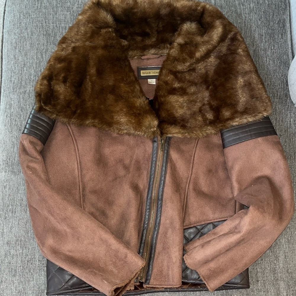Womens Medium brown fur, suede & leather coat. Worn twice. - Picture 1 of 5